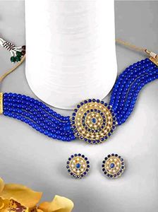 Blue Beaded Choker Necklace &amp; Earring Set