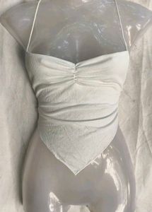White Ruched Halter Crop Top