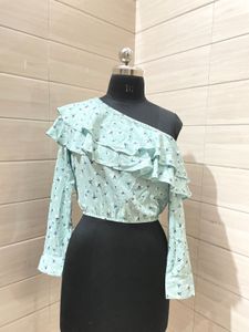 Blue Floral One Shoulder Ruffle Crop
