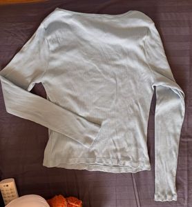 Light Blue Cut-Out Ribbed Long Sleeve Top
