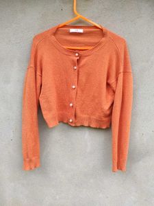 Orange Cropped Cardigan with Pearl Buttons