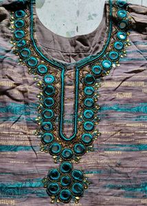 Blue Kurta with Striped Pattern Mirror work
