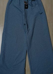 Blue Textured Wide-Leg Pants