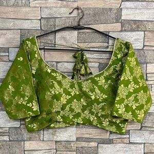 Green Brocade Blouse with Golden Floral Print