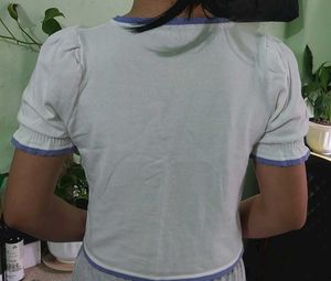Cute White &amp; purple Puff Sleeve Blouse