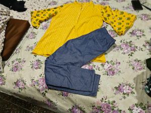 Yellow Printed Kurta with Blue Pants