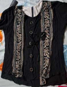 Black Button-Down Top with Floral Trim