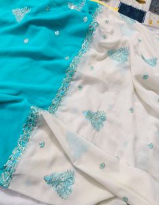 Elegant Teal &amp; White Saree with Blouse