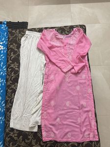 Pink chikankari kurta with white plazo