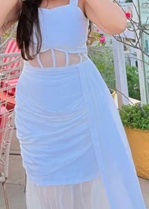 Elegant White Ruched Gown with Tulle Skirt