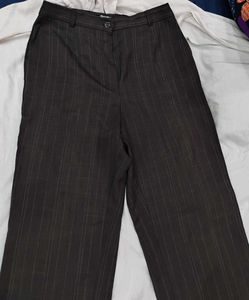 Brown High-Waist Wide-Leg Pinstripe Trousers