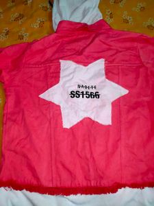 Stylish Coral Denim Jacket with White Hoodie Detai