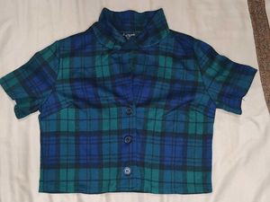 Blue & Green Plaid Cropped Shirt