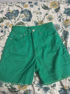 Green Denim Cut-Off Shorts