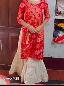 Red Bandhani Print Kurta Sharara Set