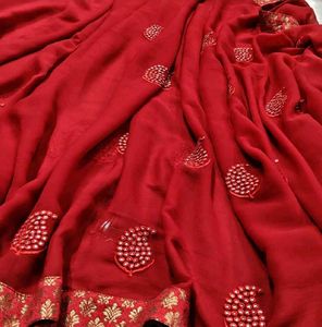 Vibrant Red Embroidered Saree