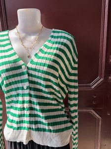 Green &amp; White Striped Cardigan