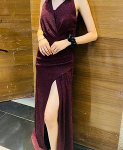 Sparkly Maroon Halter Neck Maxi Dress