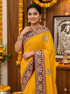 Beautiful Yellow Embroidered Silk Saree