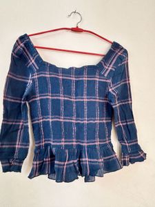 Chic Teal Plaid Smocked Peplum Top