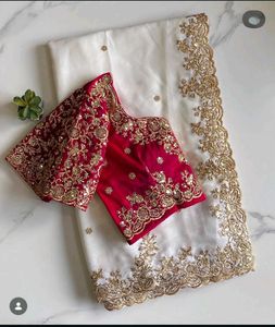 Elegant White &amp; Gold Embroidered Saree