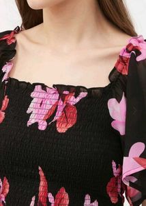 HARPA Black Floral Smocked Fitted Crop Top