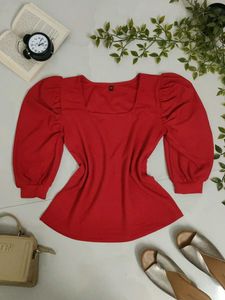 Red Puff Sleeve Square Neck Top