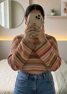 Crocheted Striped Long Sleeve Top
