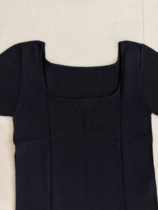 MANGO Black Square Neck Ribbed Top