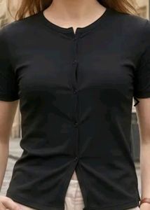 Black Short Sleeve Button-Up Top