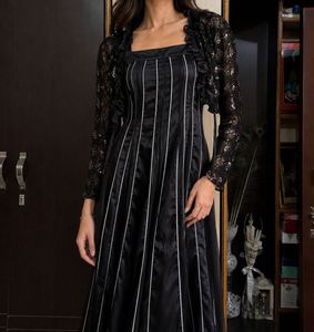 Elegant Black Striped Gown with Shrug
