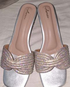 Sparkling Embellished Silver Mules