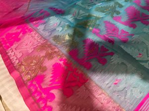 Beautiful Blue &amp; Pink Saree with Blouse piece atta