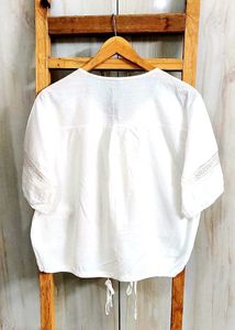 White Lace Trim V-Neck Blouse Size-38