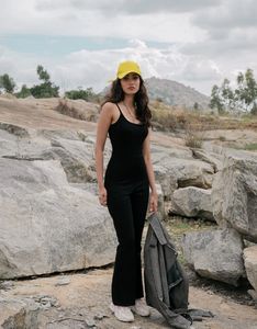black bodycon flared bottom jumpsuit