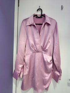 Zara Pink Satin Ruched Wrap Dress