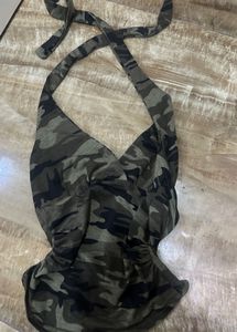 y2k camo print halter neck top