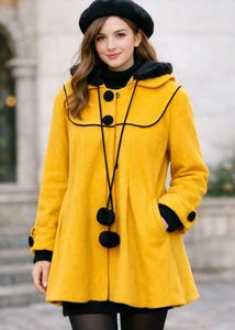 Chic Yellow Hooded Coat with Detachable Fur