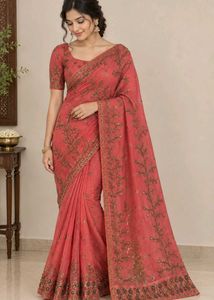 Beautiful Embroidered Coral Saree