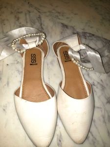 White D'Orsay Flats with Pearl & Ribbon Detail