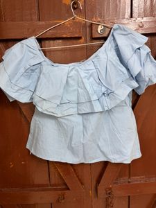 Light Blue Ruffled Off-Shoulder Top