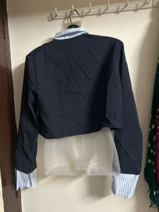 Women's Navy Cropped Blazer with Striped Shirt Col