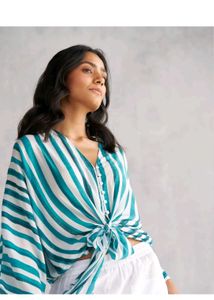 Green &amp; White Striped Tie-Front Top