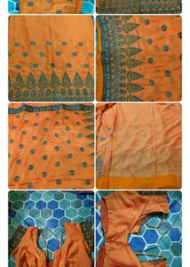 Stylish Grey Floral Print Top and orange saree