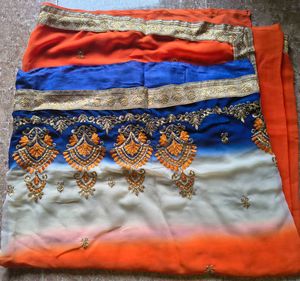 Embroidered Orange & Blue Saree