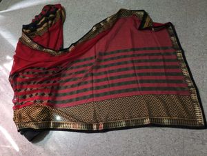 Red & Black Saree with Gold Border