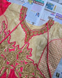 Beautiful Pink &amp; Gold Embroidered Anarkali Gown wi