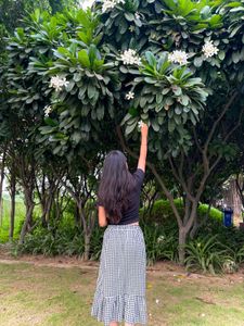 Checkered Ruffle Hem Midi Skirt