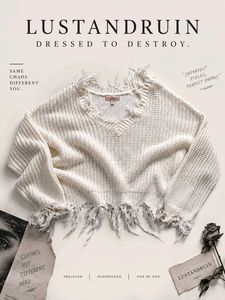 DISTRESSED V-NECK KNIT SWEATER.