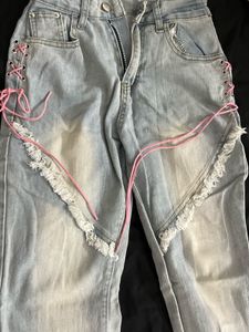 Distressed Denim Jeans with Pink Laces